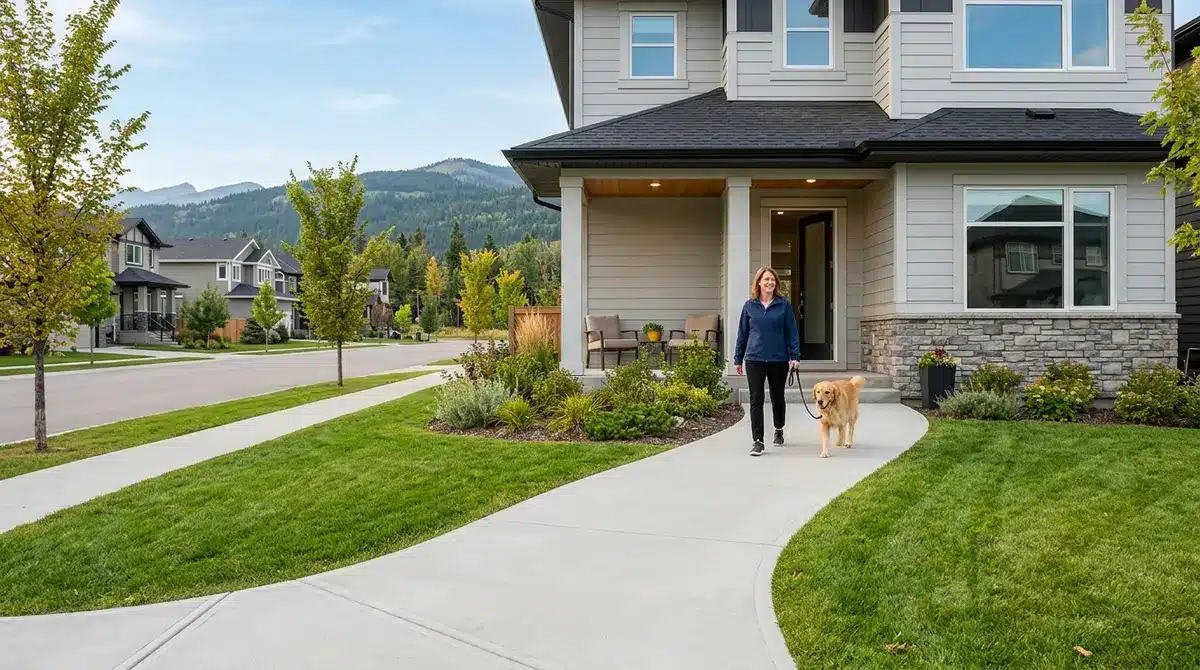 Accessible new home exterior in a master-planned Alberta community featuring zero-step entry