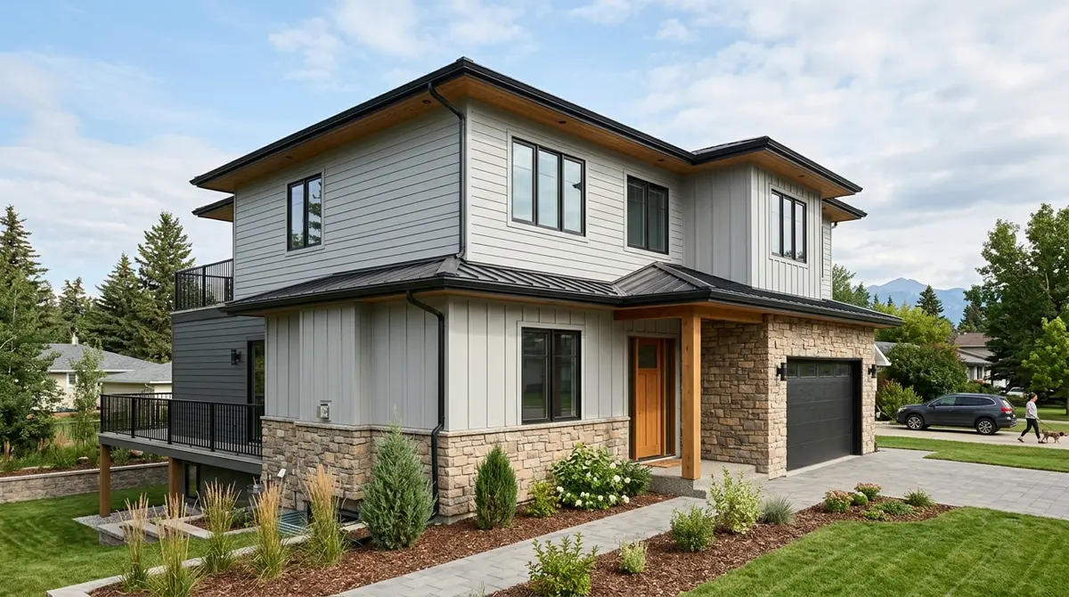 Modern Alberta new home featuring a combination of fiber cement siding and stone veneer exterior finish