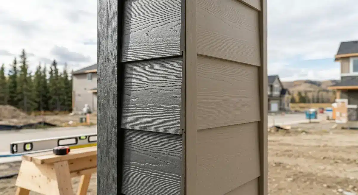 Close up comparison of engineered wood siding and fiber cement boards used in Alberta construction