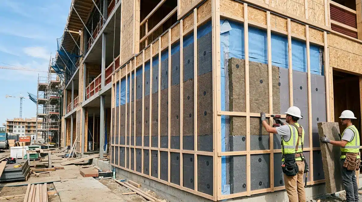 Construction phase showing the building envelope, rain screen strapping, and continuous insulation before exterior finish application