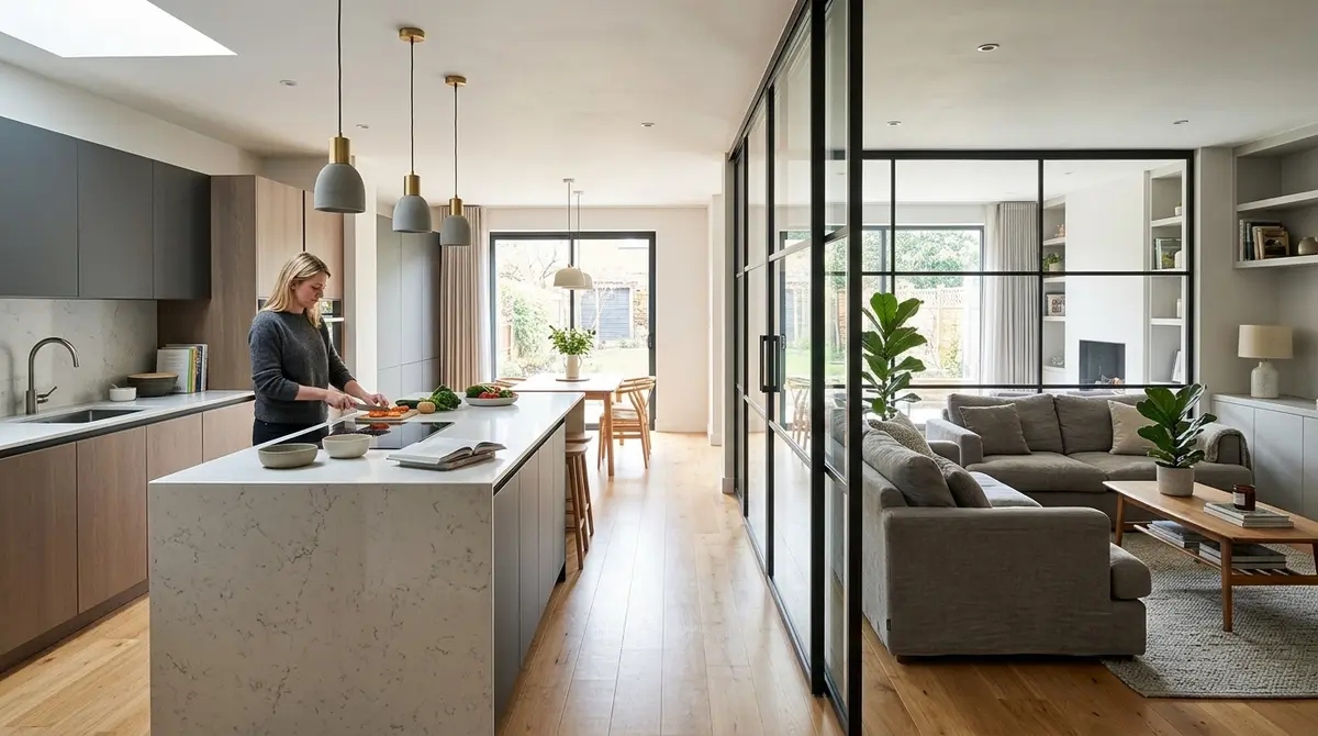 Modern broken-plan living room and kitchen layout with glass partitions