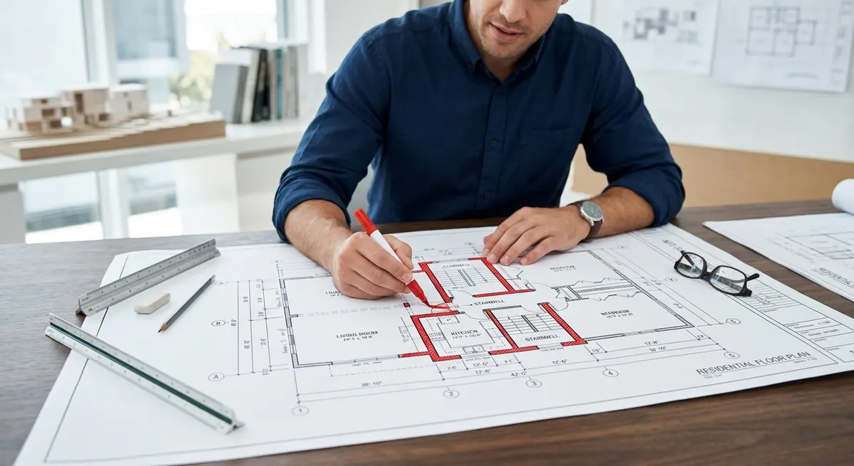 Architectural blueprint with structural load-bearing walls highlighted
