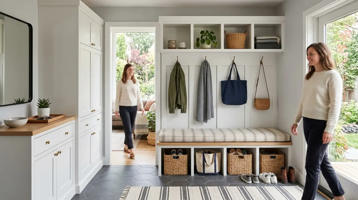 Organized mudroom drop zone with built-in cabinetry and seating