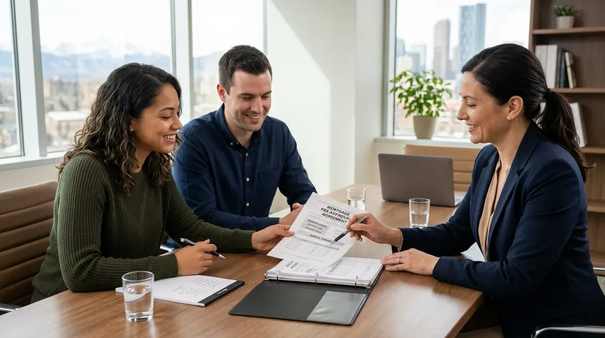 A couple reviewing new home mortgage pre-approval documents with a financial advisor in Alberta