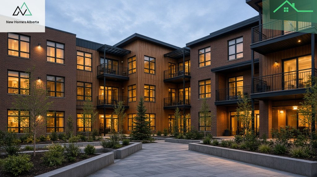Finished Alberta apartment courtyard building at dusk