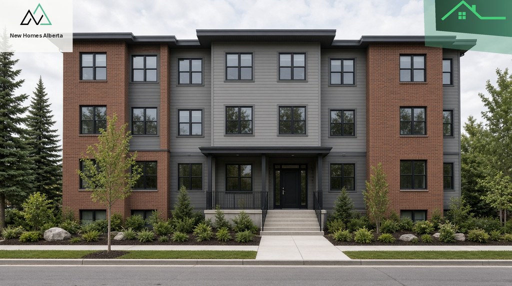 Alberta mid-rise rental apartments at dusk on quiet street
