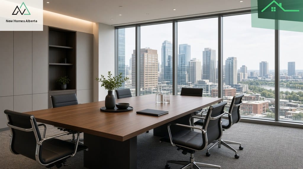 Alberta lender meeting room with city skyline view empty boardroom