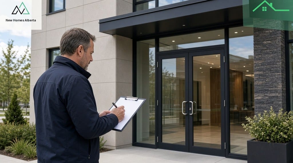 Independent accessibility professional inspecting a multi-family building entrance