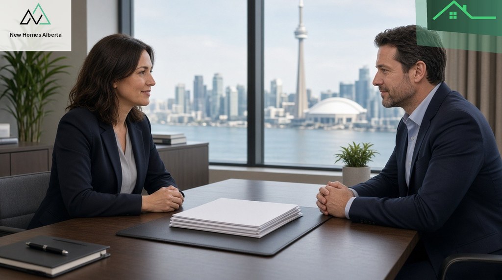 Mortgage professional meeting with a multi-family investor in a Canadian office