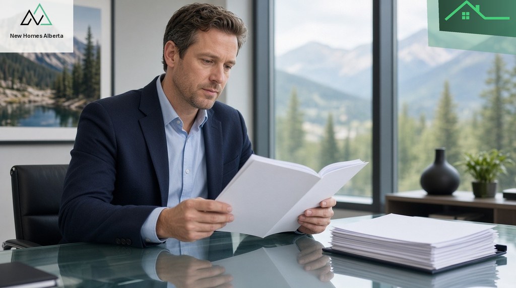 Commercial lender reviewing a multi-family property package in Alberta