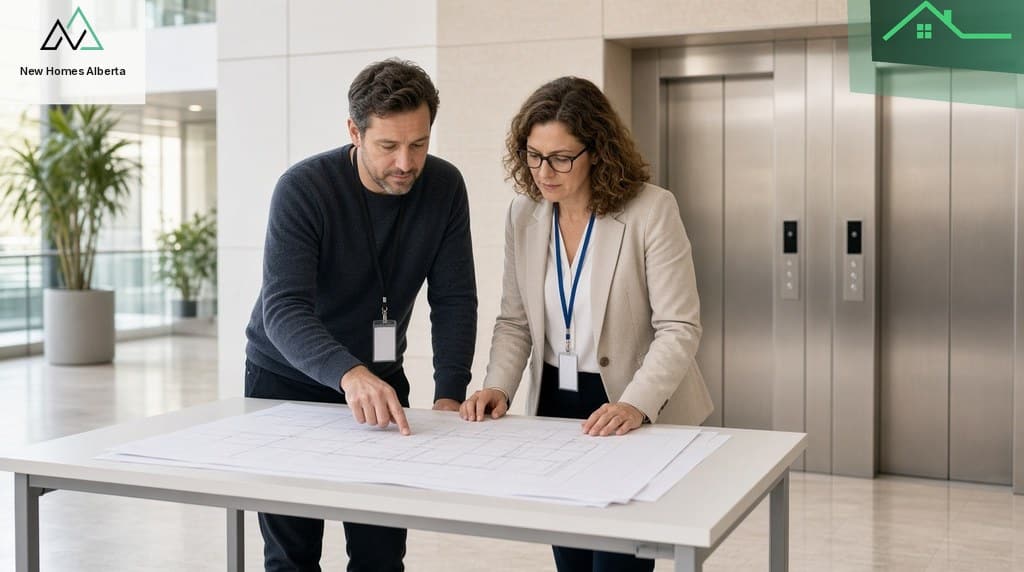 Accessibility consultant and architect reviewing multi-family drawings in Alberta
